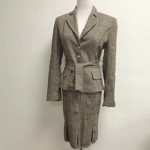 Vintage Surabaya France 2 piece brown tweed skirt suit blazer S leopard t1 e38